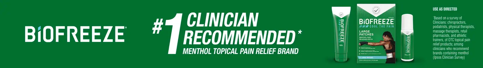 Biofreeze menthol topical pain relief gel, patches and roll-on included with massage sessions at Well Being in Akron, Ohio